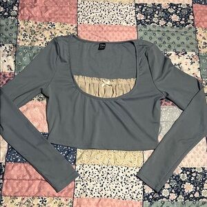 SHEIN Slate Blue Ribbed Scoop Neck Long Sleeve Crop Top